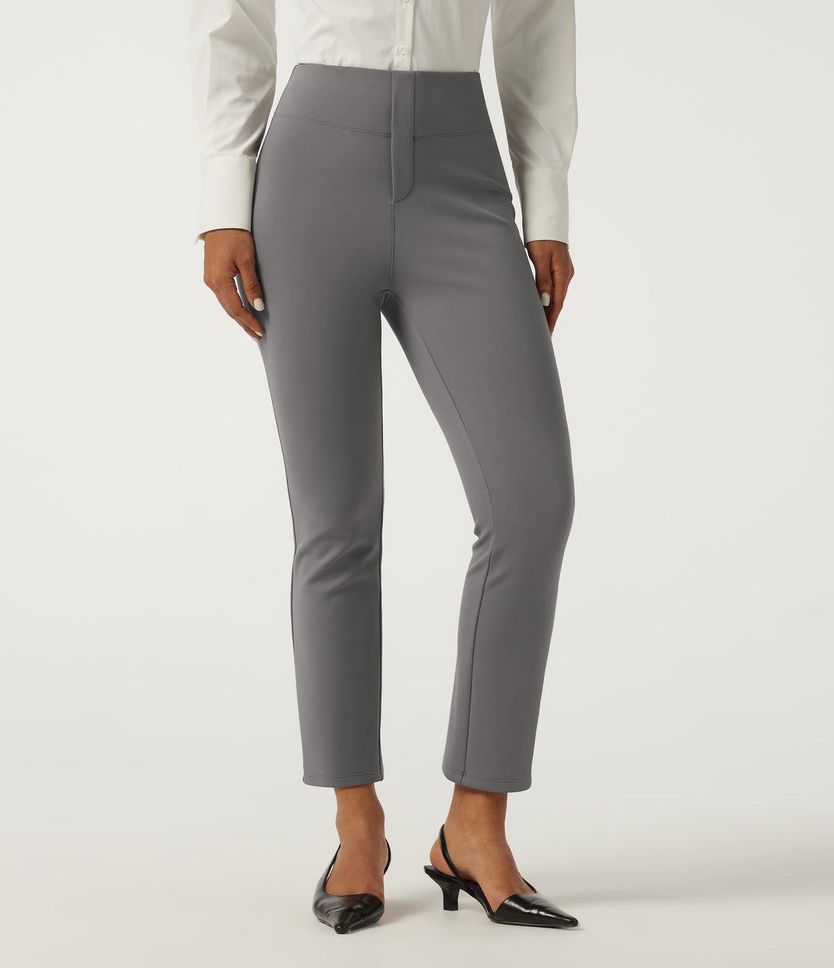 High Waisted Tapered Wrinkle Recovery Work Trousers with Pockets — Silent Storm — view 2