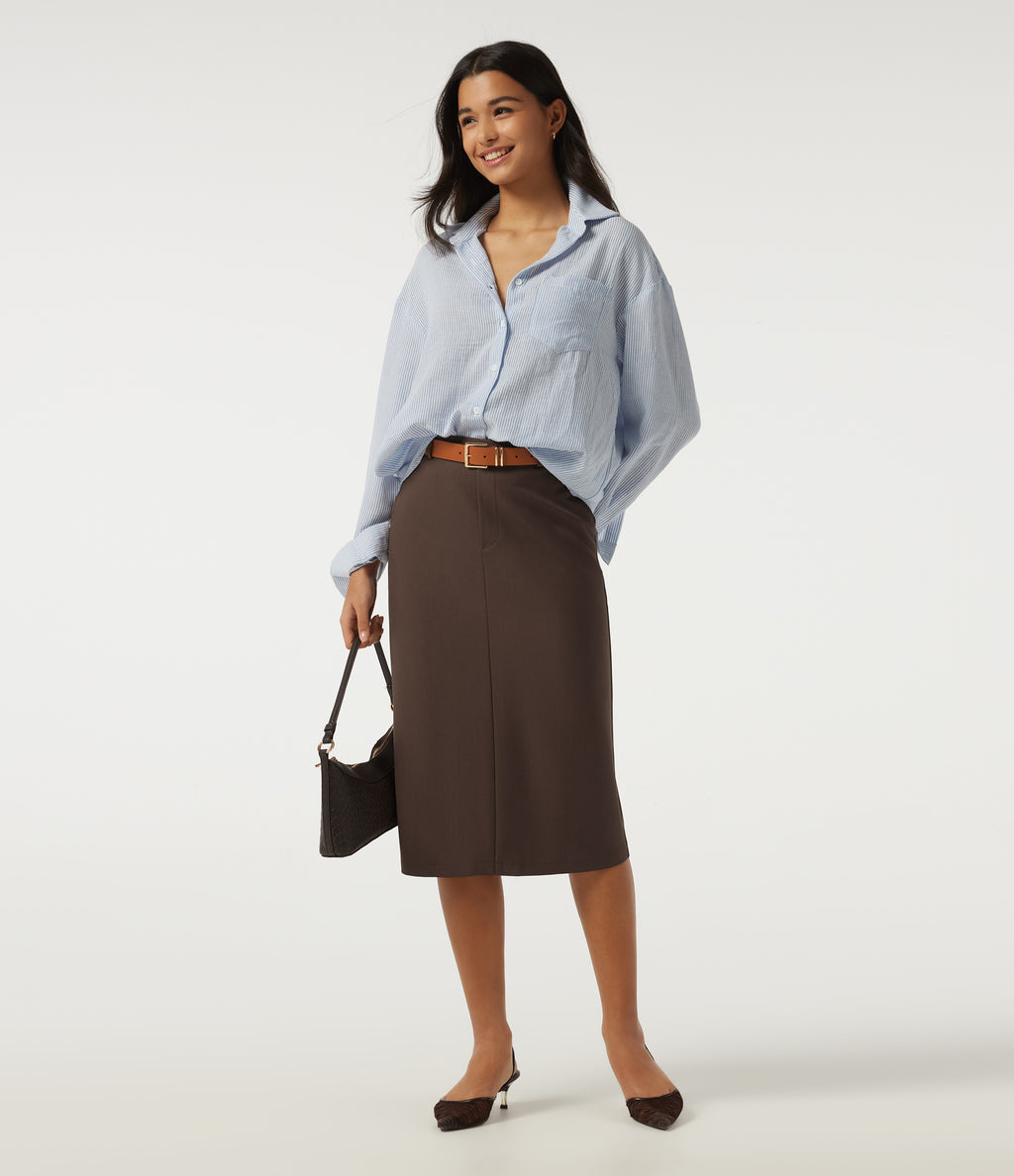 High Waisted Work Midi Blazer Skirt with Pockets — Chestnut — view 4