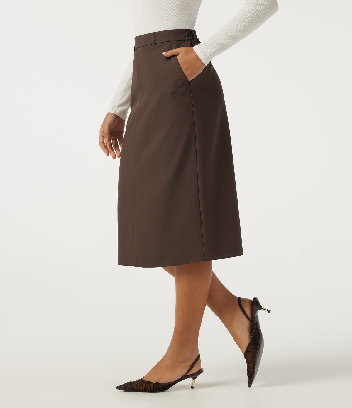 High Waisted Work Midi Blazer Skirt with Pockets — Chestnut — view 3
