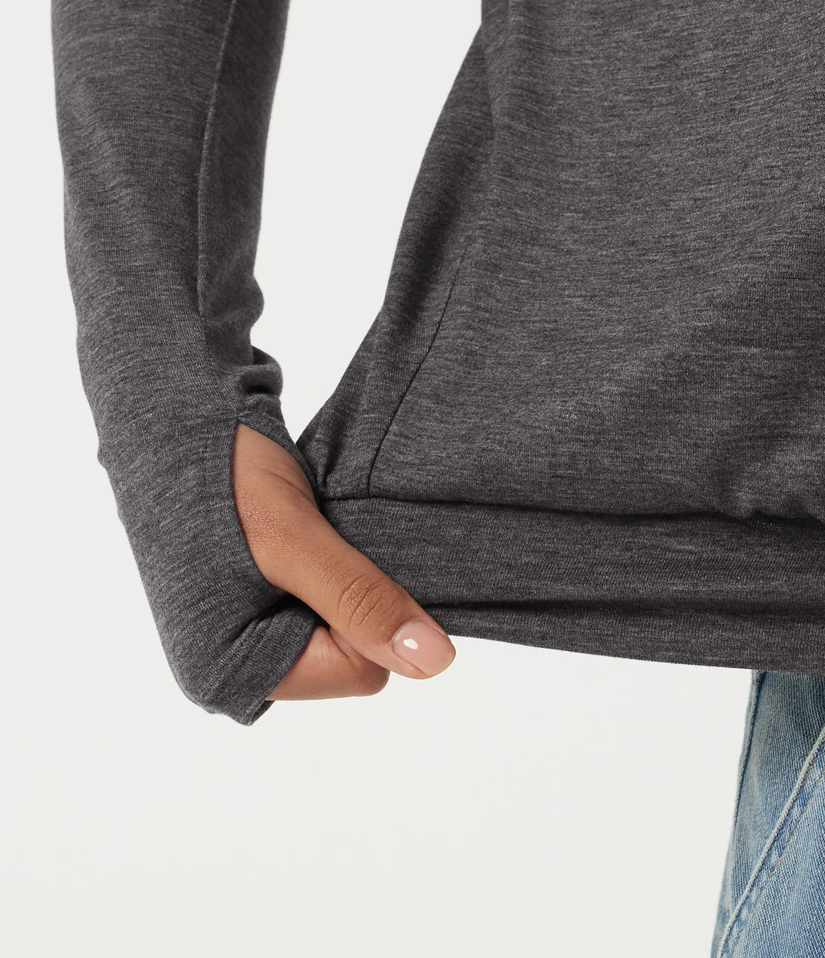 V Neck Batwing Long Sleeve Ruched Heathered Casual T-Shirt with Thumbholes — Darl Gray Floral Yarn — view 7