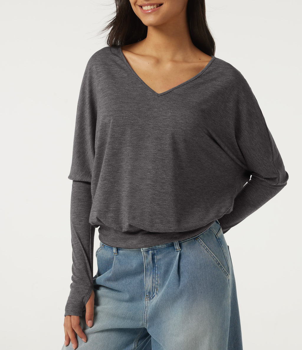 V Neck Batwing Long Sleeve Ruched Heathered Casual T-Shirt with Thumbholes — Darl Gray Floral Yarn — view 6