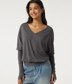 V Neck Batwing Long Sleeve Ruched Heathered Casual T-Shirt with Thumbholes — Darl Gray Floral Yarn — view 1