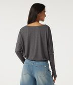 V Neck Batwing Long Sleeve Ruched Heathered Casual T-Shirt with Thumbholes — Darl Gray Floral Yarn — view 2