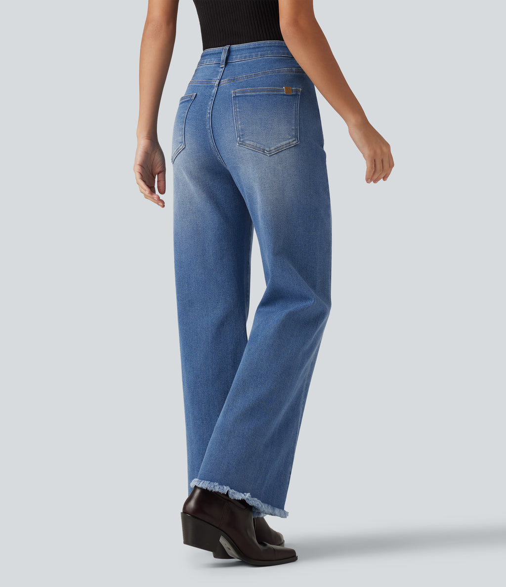 Mid Rise Patterned Denim Casual Flare Jeans with Pockets — Blue Jasper Denim — view 3