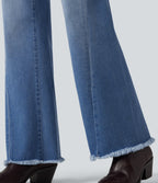 Mid Rise Patterned Denim Casual Flare Jeans with Pockets — Blue Jasper Denim — view 7