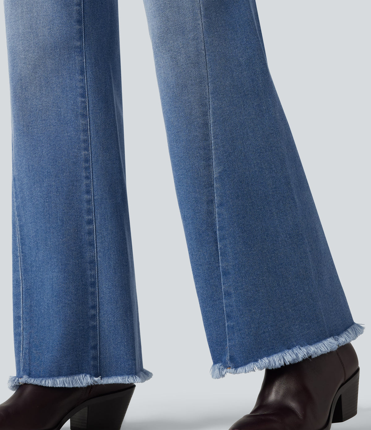Mid Rise Patterned Denim Casual Flare Jeans with Pockets — Blue Jasper Denim — view 7