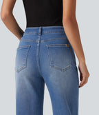 Mid Rise Patterned Denim Casual Flare Jeans with Pockets — Blue Jasper Denim — view 6