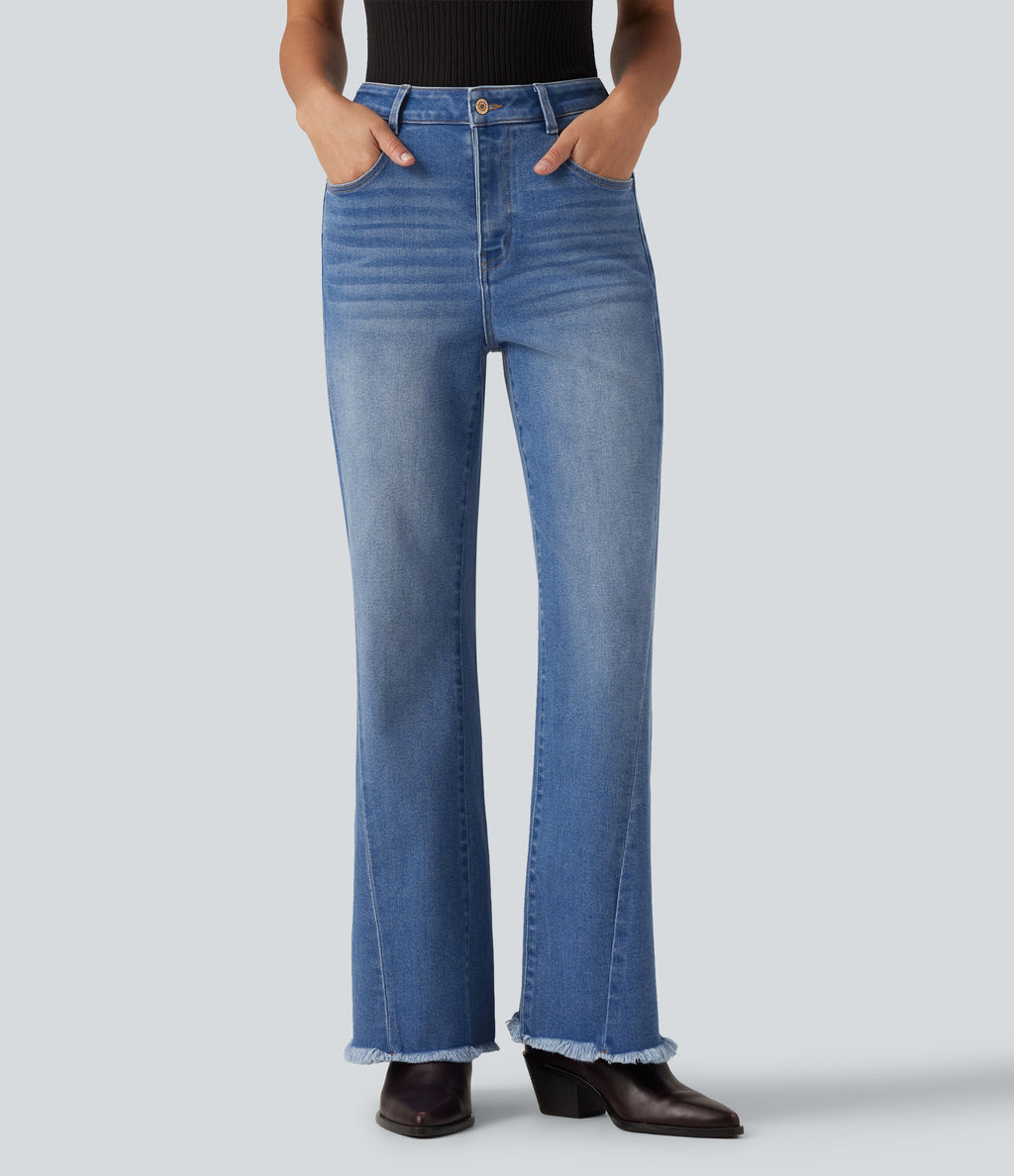 Mid Rise Patterned Denim Casual Flare Jeans with Pockets — Blue Jasper Denim — view 2