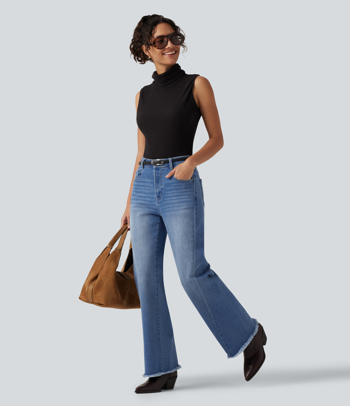 Mid Rise Patterned Denim Casual Flare Jeans with Pockets — Blue Jasper Denim — view 4