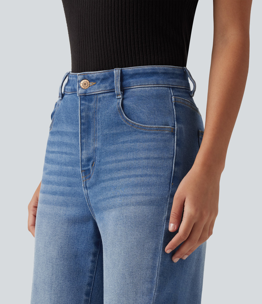 Mid Rise Patterned Denim Casual Flare Jeans with Pockets — Blue Jasper Denim — view 5