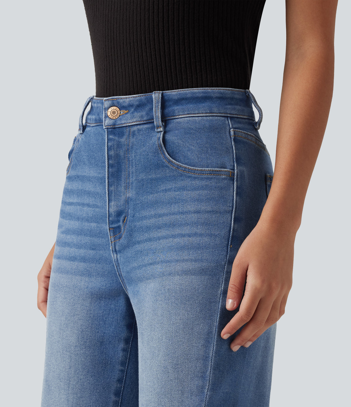 Mid Rise Patterned Denim Casual Flare Jeans with Pockets — Blue Jasper Denim — view 5