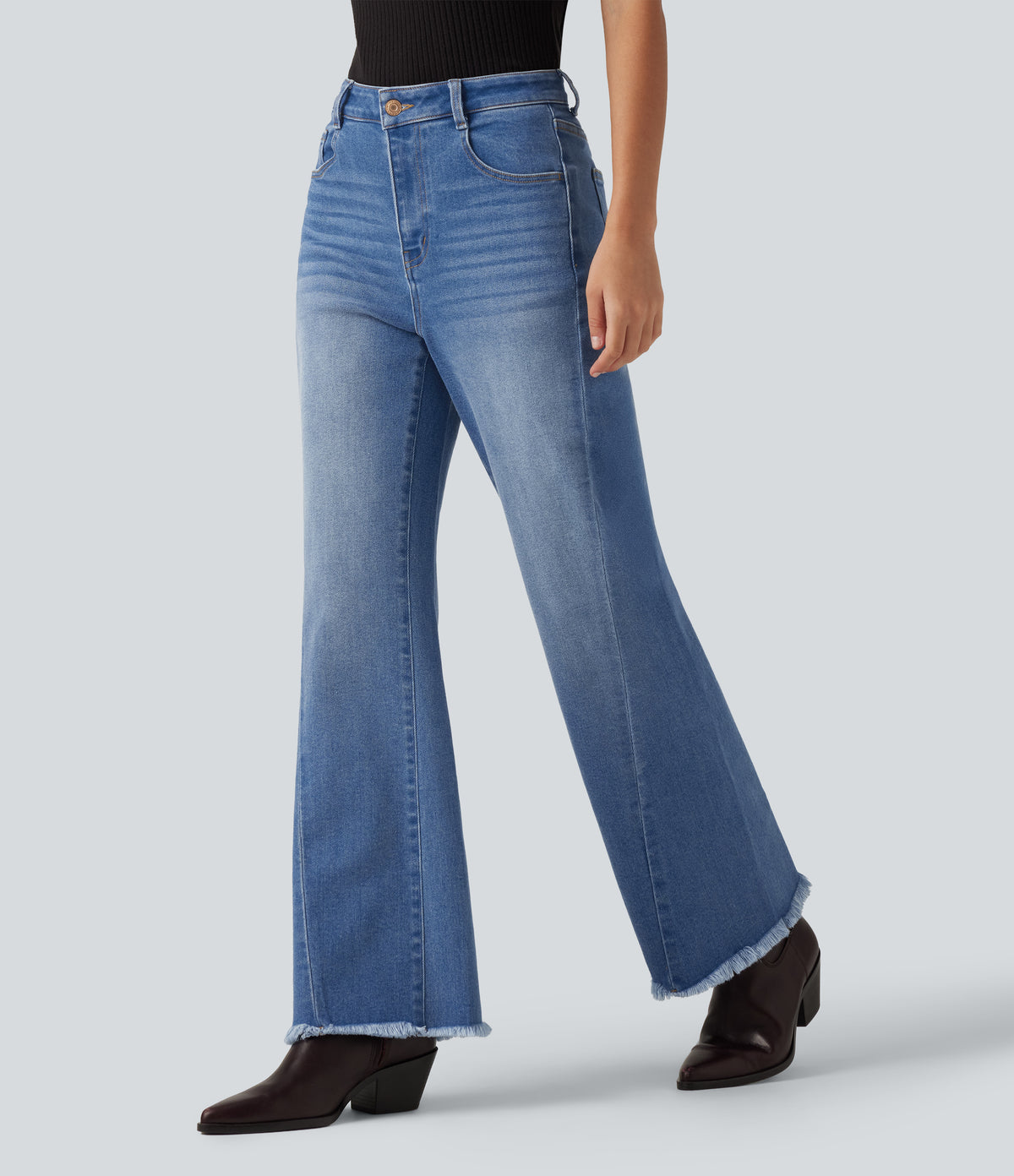 Mid Rise Patterned Denim Casual Flare Jeans with Pockets — Blue Jasper Denim — view 1