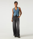 Denim High Waisted Tummy Control Drawstring Wide Leg Patterned Casual Jeans with Pockets — Poppy Seed Denim — view 4