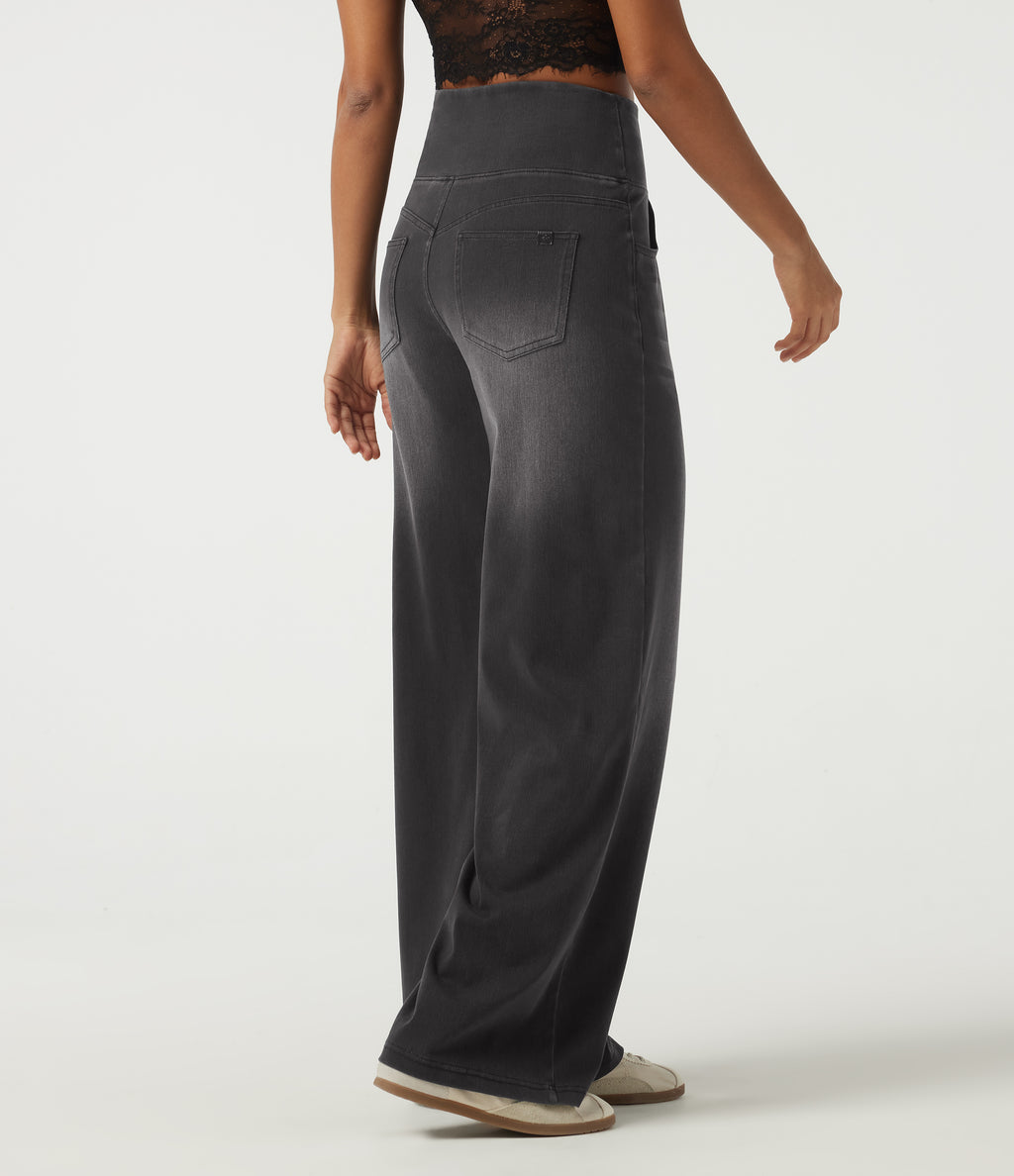 Denim High Waisted Tummy Control Drawstring Wide Leg Patterned Casual Jeans with Pockets — Poppy Seed Denim — view 2