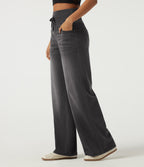 Denim High Waisted Tummy Control Drawstring Wide Leg Patterned Casual Jeans with Pockets — Poppy Seed Denim — view 3