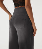 Denim High Waisted Tummy Control Drawstring Wide Leg Patterned Casual Jeans with Pockets — Poppy Seed Denim — view 6