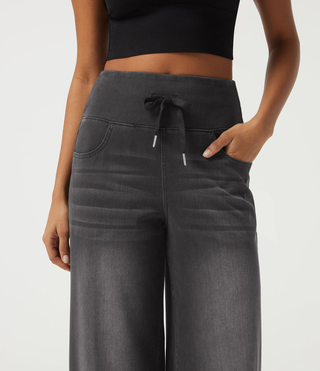 Denim High Waisted Tummy Control Drawstring Wide Leg Patterned Casual Jeans with Pockets — Poppy Seed Denim — view 5