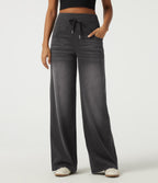 Denim High Waisted Tummy Control Drawstring Wide Leg Patterned Casual Jeans with Pockets — Poppy Seed Denim — view 1