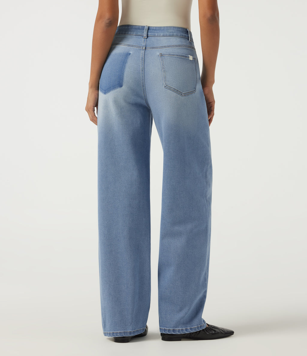 Mid Rise Patterned Denim Baggy Casual Jeans with Pockets — Malibu Blue Denim — view 2