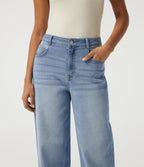 Mid Rise Patterned Denim Baggy Casual Jeans with Pockets — Malibu Blue Denim — view 6