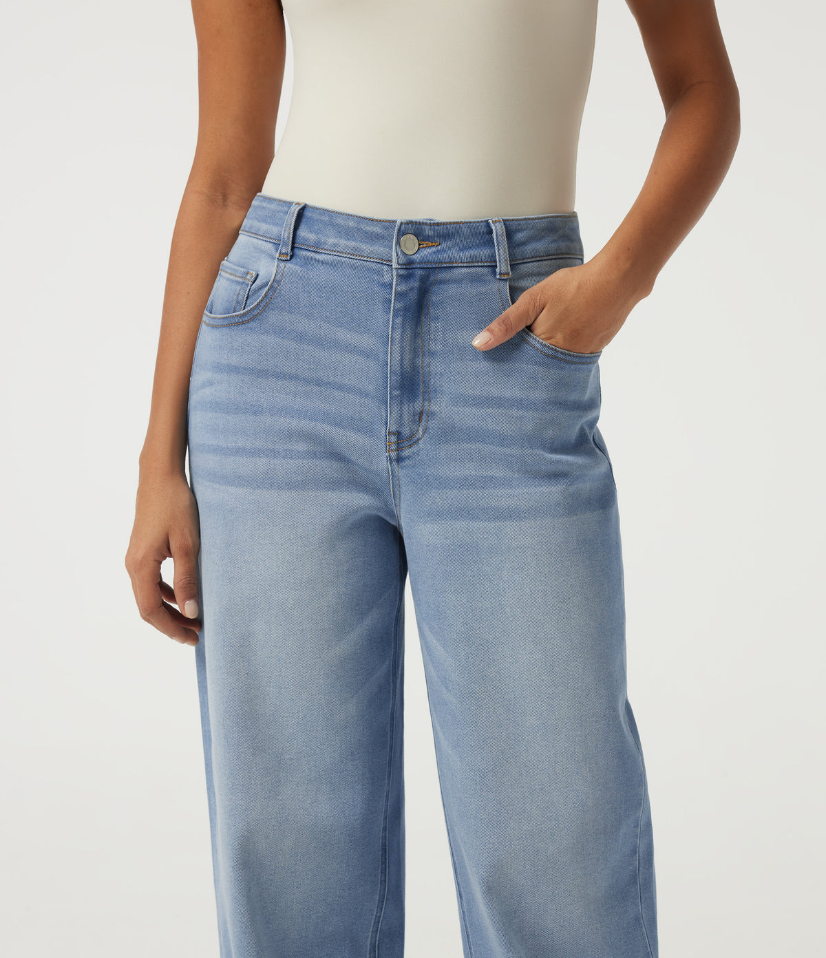 Mid Rise Patterned Denim Baggy Casual Jeans with Pockets — Malibu Blue Denim — view 6