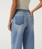 Mid Rise Patterned Denim Baggy Casual Jeans with Pockets — Malibu Blue Denim — view 5