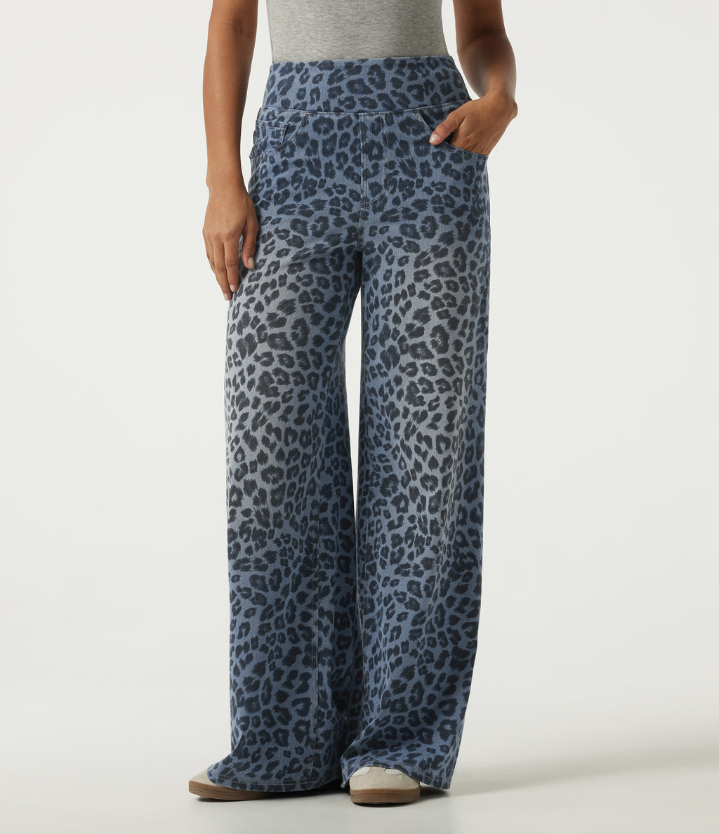 High Waisted Leopard Patterned Denim Casual Wide Leg Jeans with Pockets — Glacier Veil Leopard — view 1