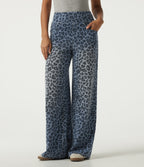 High Waisted Leopard Patterned Denim Casual Wide Leg Jeans with Pockets — Glacier Veil Leopard — view 1