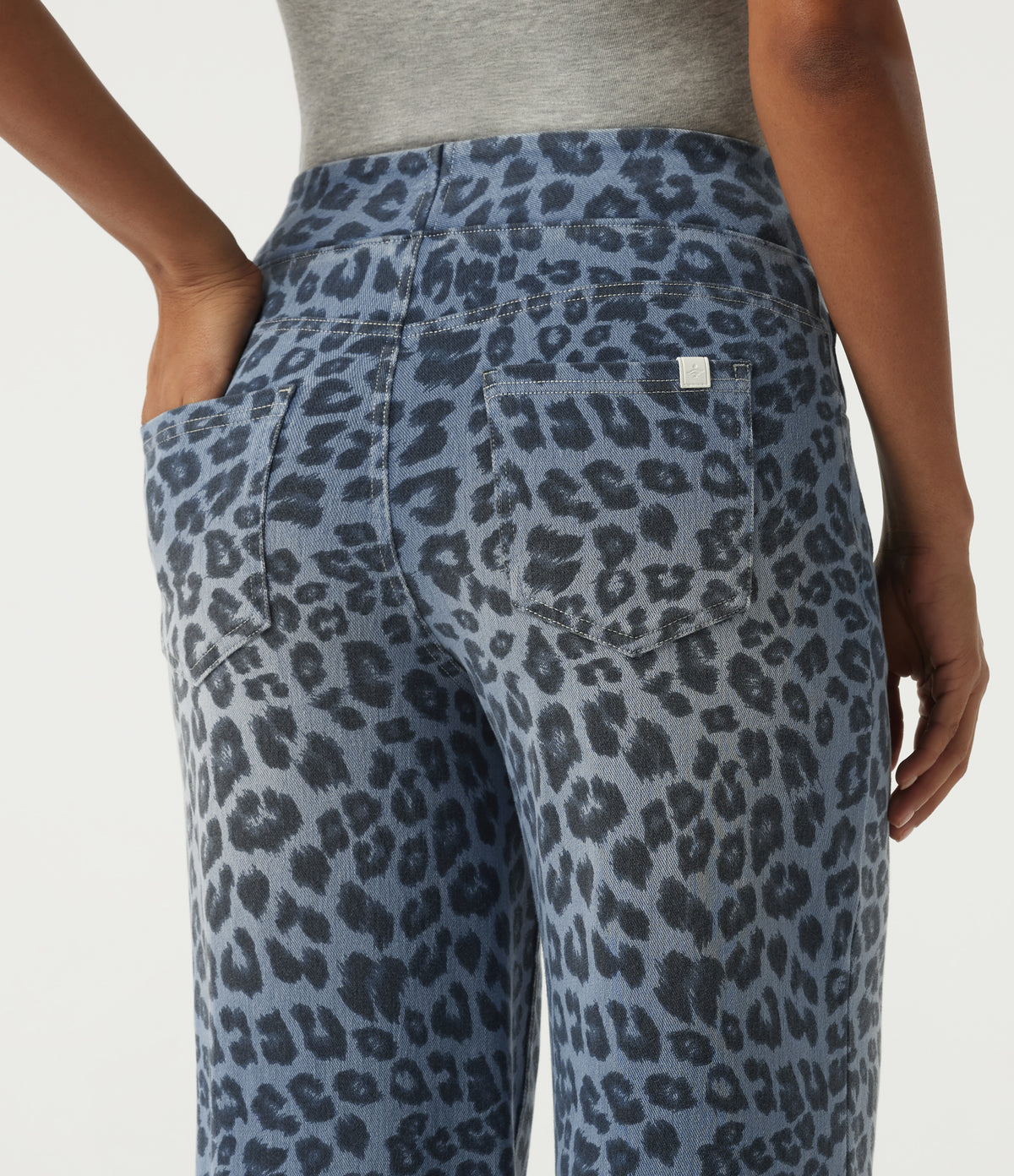 High Waisted Leopard Patterned Denim Casual Wide Leg Jeans with Pockets — Glacier Veil Leopard — view 5