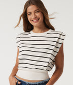 Round Neck Sleeveless Stripe Work Jumper — White Black Horizontal Stripe — view 1
