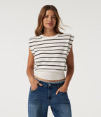 Round Neck Sleeveless Stripe Work Jumper — White Black Horizontal Stripe — view 4