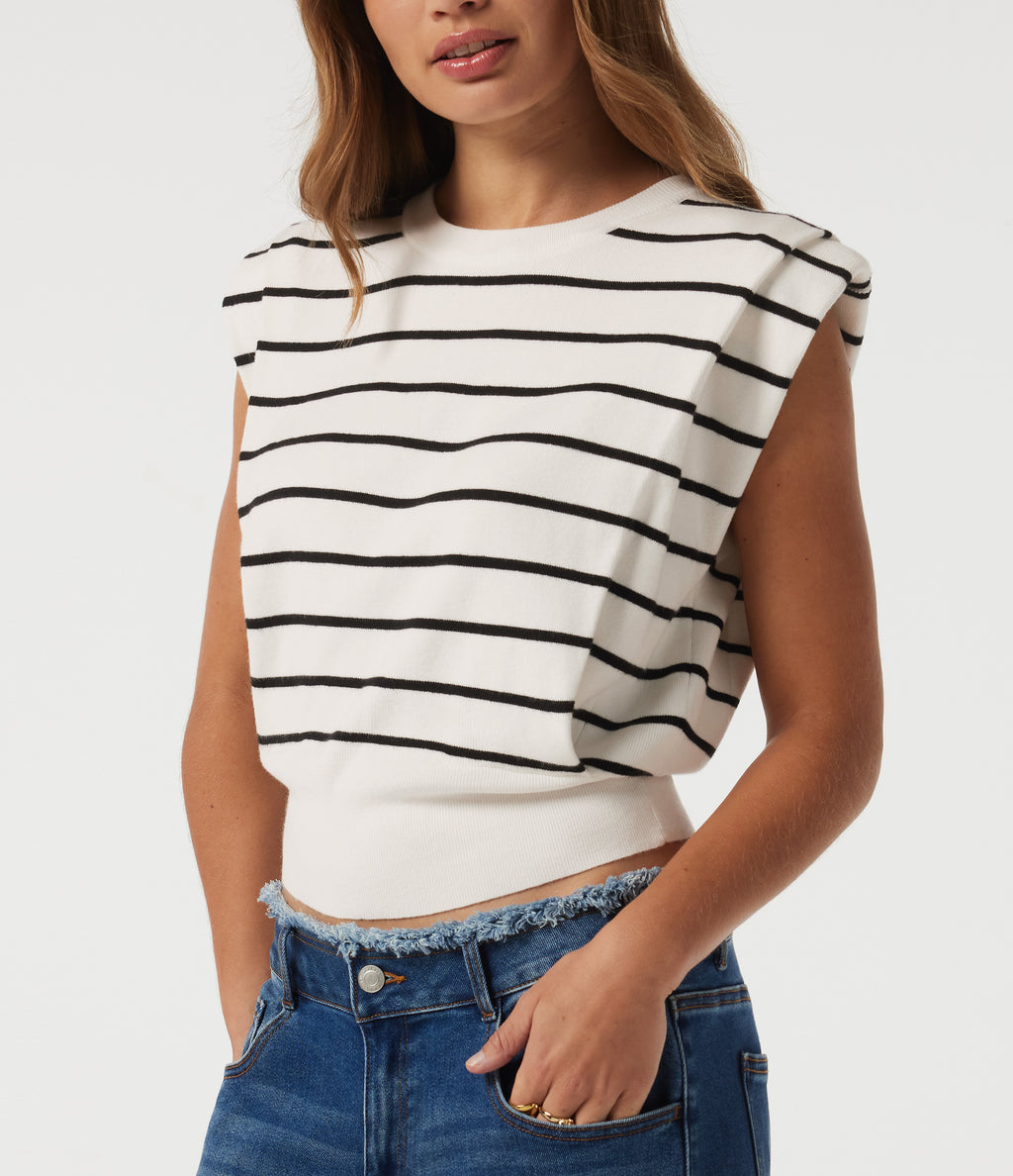 Round Neck Sleeveless Stripe Work Jumper — White Black Horizontal Stripe — view 6