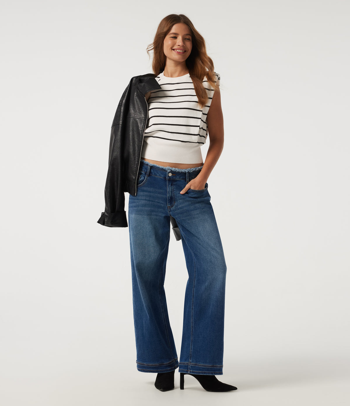 Round Neck Sleeveless Stripe Work Jumper — White Black Horizontal Stripe — view 5