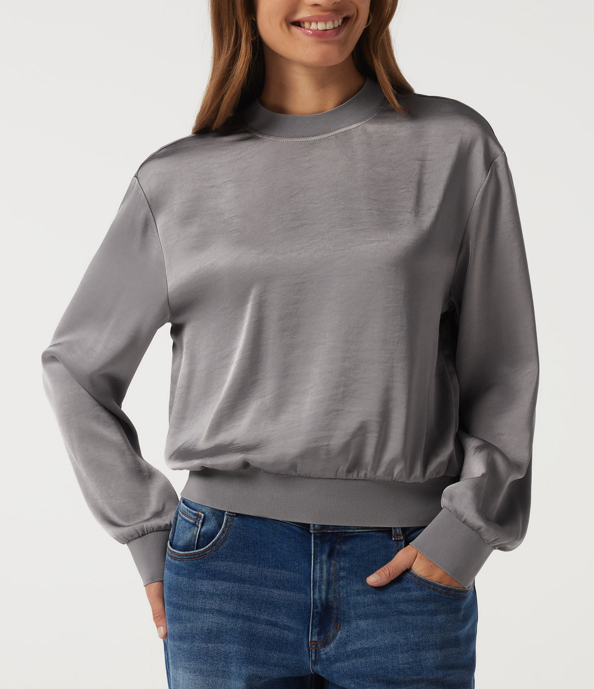 Round Neck Long Sleeve Casual Blouse — Grey — view 5