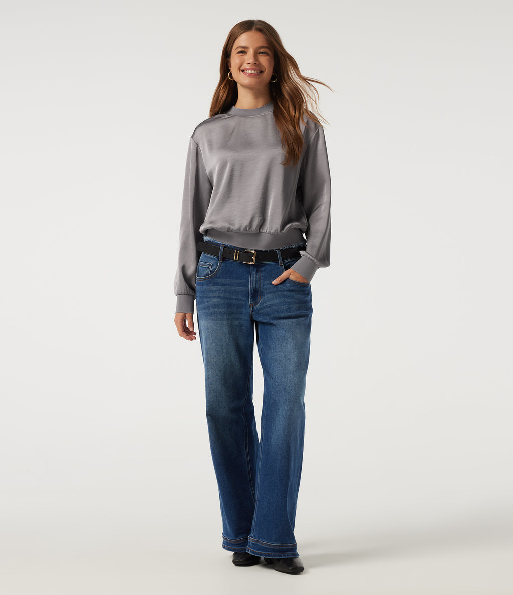 Round Neck Long Sleeve Casual Blouse — Grey — view 6
