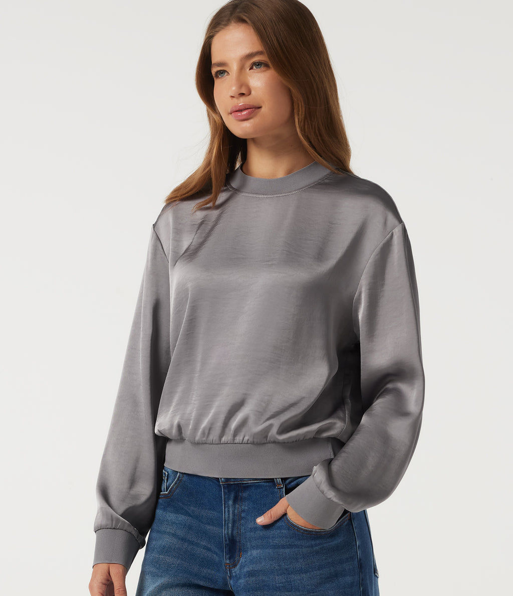 Round Neck Long Sleeve Casual Blouse — Grey — view 1