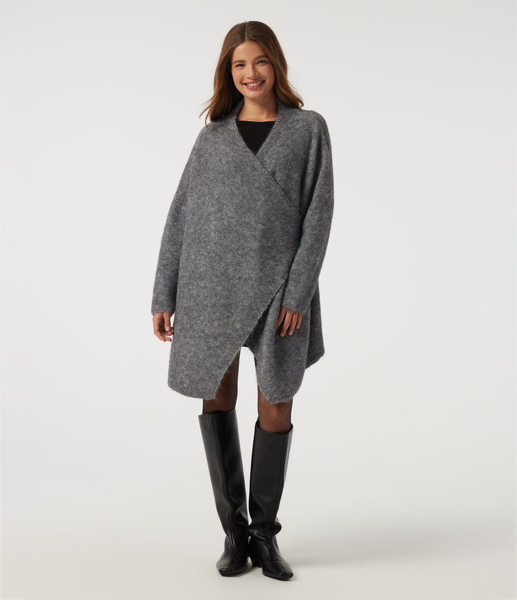 Waterfall Drop Shoulder Long Sleeve Relaxed Longline Work Sweater Cardigan — Grey — view 6