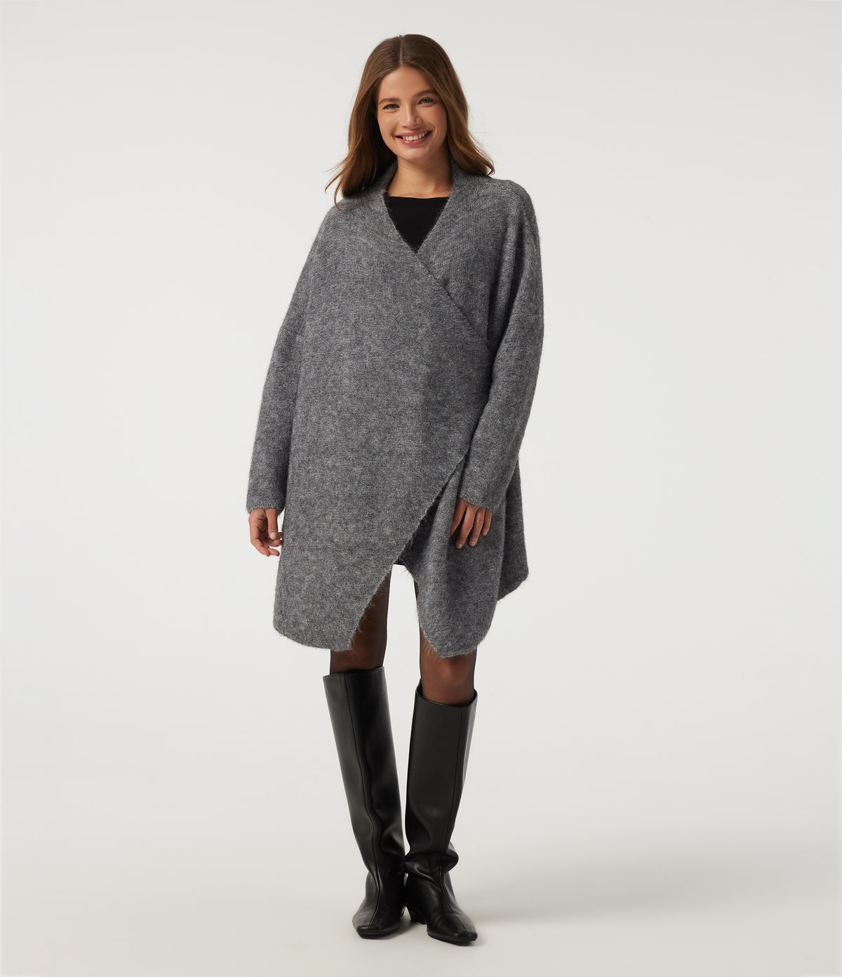 Waterfall Drop Shoulder Long Sleeve Relaxed Longline Work Sweater Cardigan — Grey — view 6