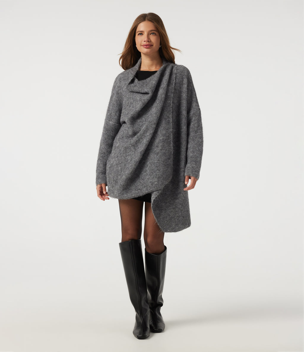 Waterfall Drop Shoulder Long Sleeve Relaxed Longline Work Sweater Cardigan — Grey — view 7
