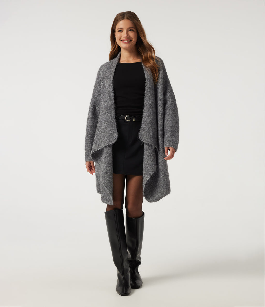 Waterfall Drop Shoulder Long Sleeve Relaxed Longline Work Sweater Cardigan — Grey — view 4