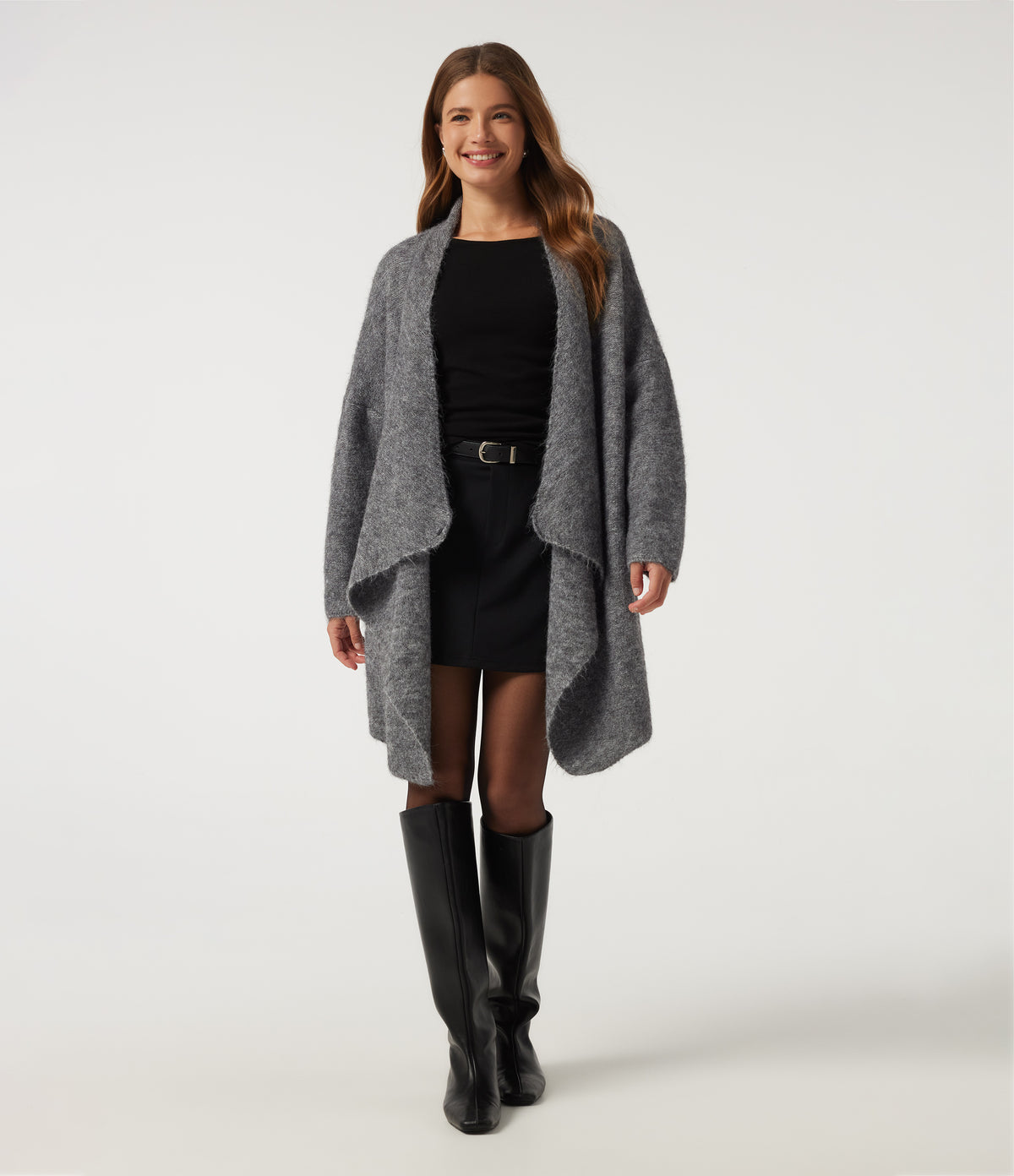 Waterfall Drop Shoulder Long Sleeve Relaxed Longline Work Sweater Cardigan — Grey — view 4