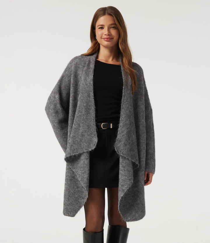 Waterfall Drop Shoulder Long Sleeve Relaxed Longline Work Sweater Cardigan — Grey — view 1
