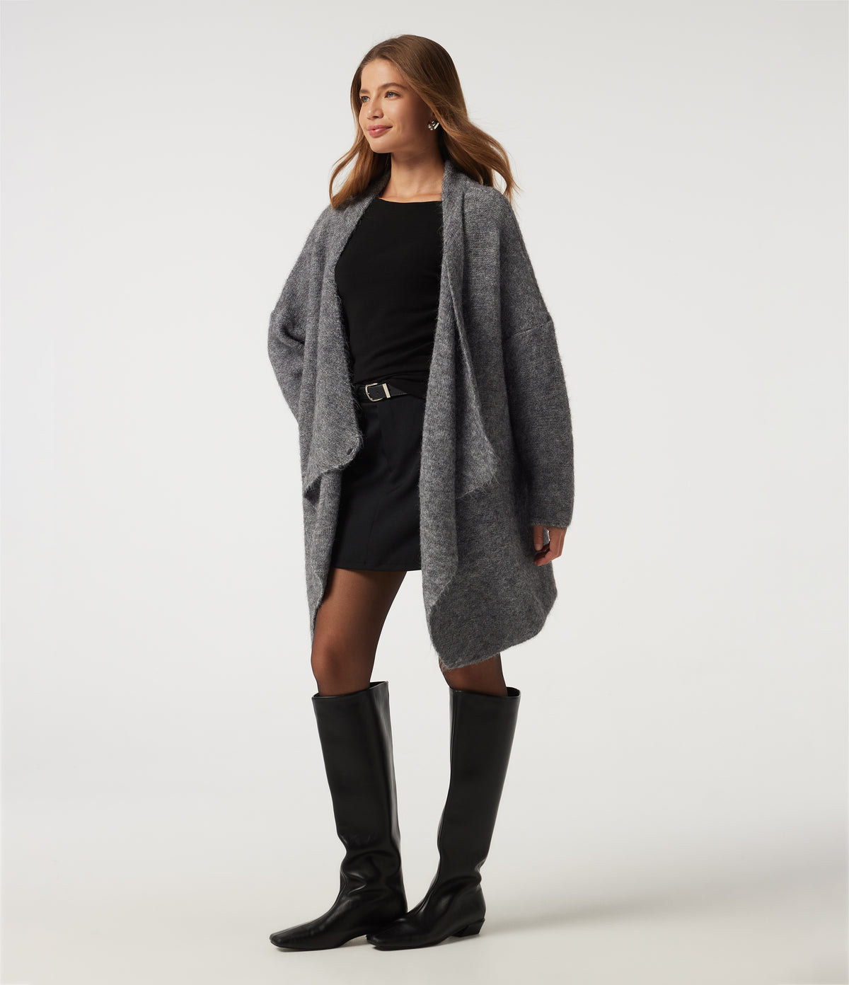 Waterfall Drop Shoulder Long Sleeve Relaxed Longline Work Sweater Cardigan — Grey — view 5