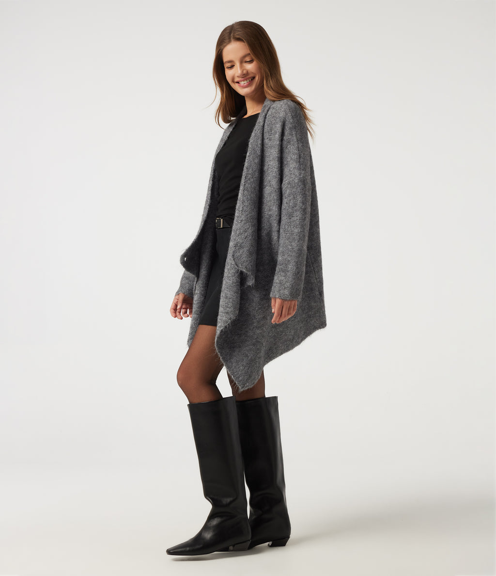 Waterfall Drop Shoulder Long Sleeve Relaxed Longline Work Sweater Cardigan — Grey — view 2