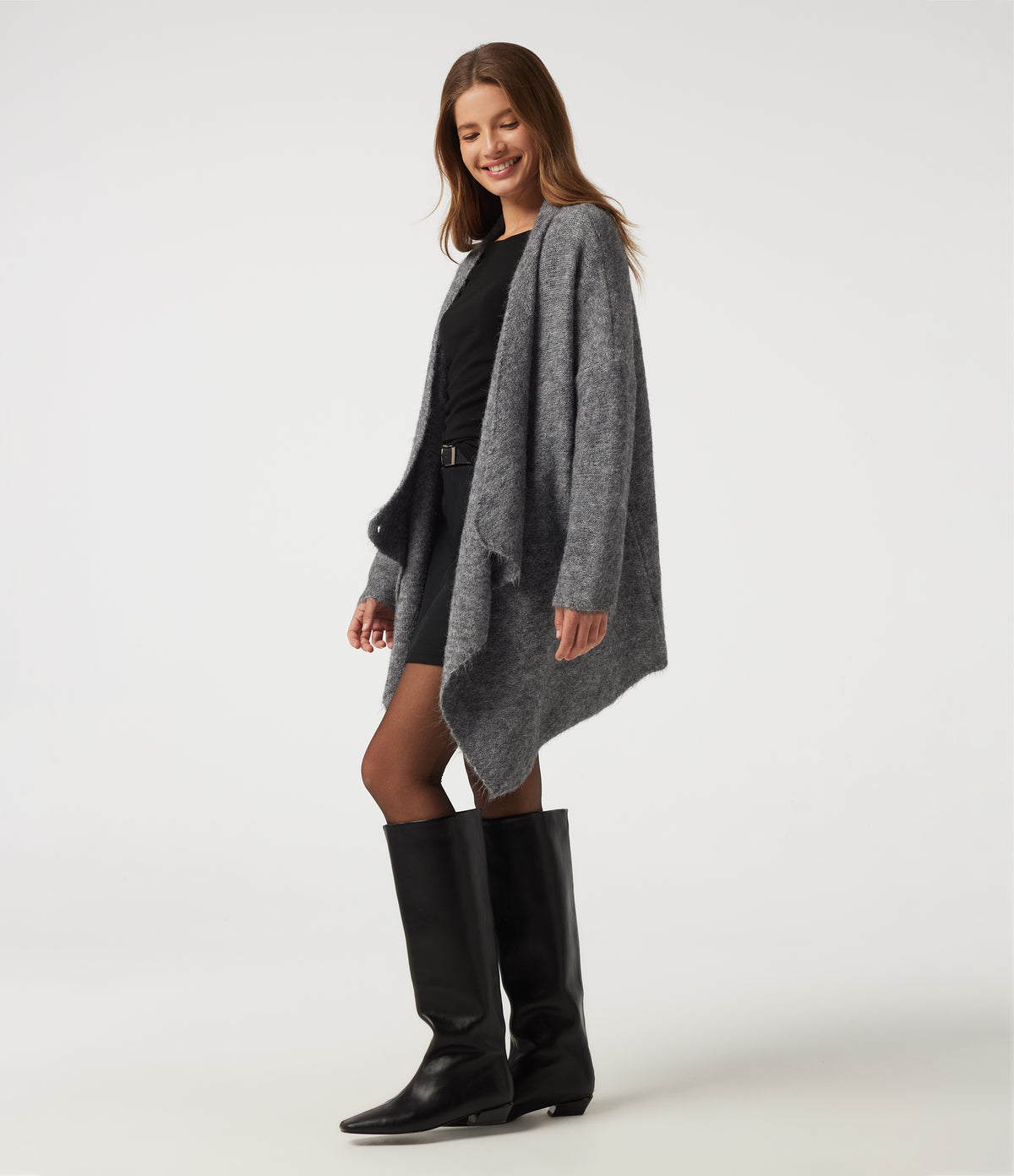 Waterfall Drop Shoulder Long Sleeve Relaxed Longline Work Sweater Cardigan — Grey — view 2