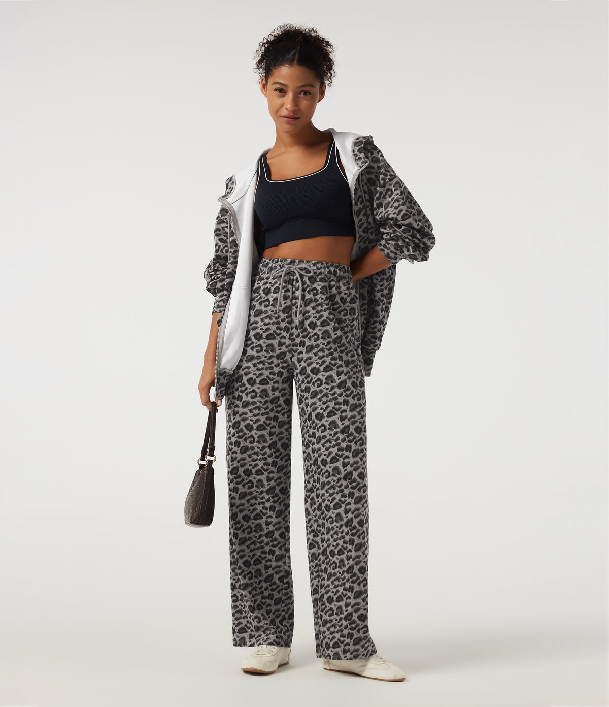 High Waisted Drawstring Straight Leg Leopard Print Casual Sweatpants with Pockets — Silver Leopard Print — view 4