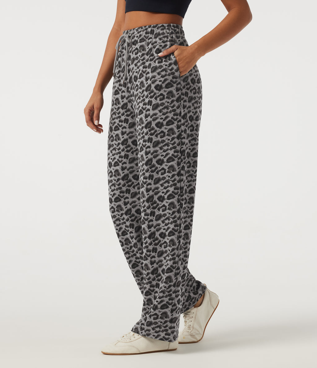 High Waisted Drawstring Straight Leg Leopard Print Casual Sweatpants with Pockets — Silver Leopard Print — view 1