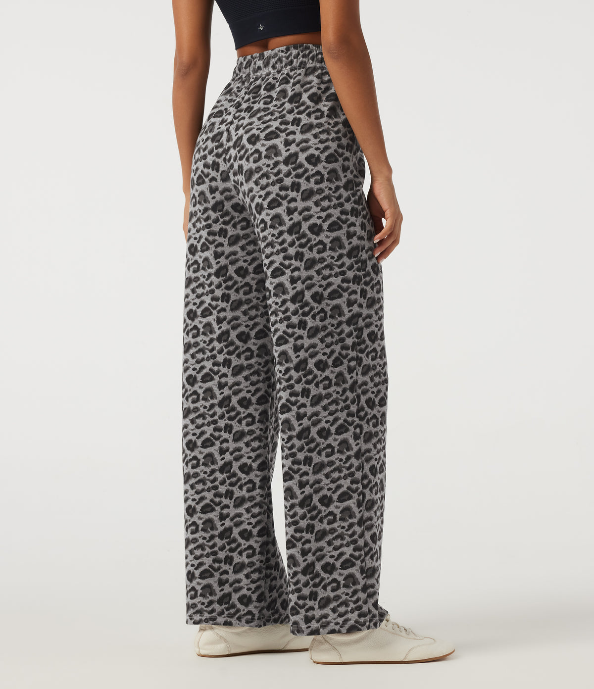 High Waisted Drawstring Straight Leg Leopard Print Casual Sweatpants with Pockets — Silver Leopard Print — view 2