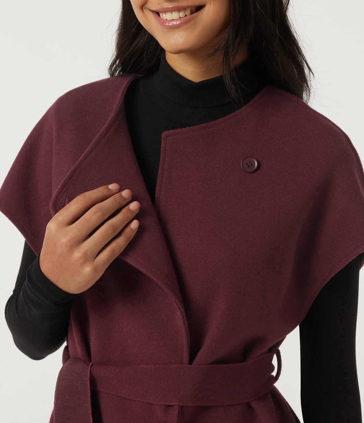 Open Front Tie Side Short Sleeve Work Coat Vest — Wine Red — view 8