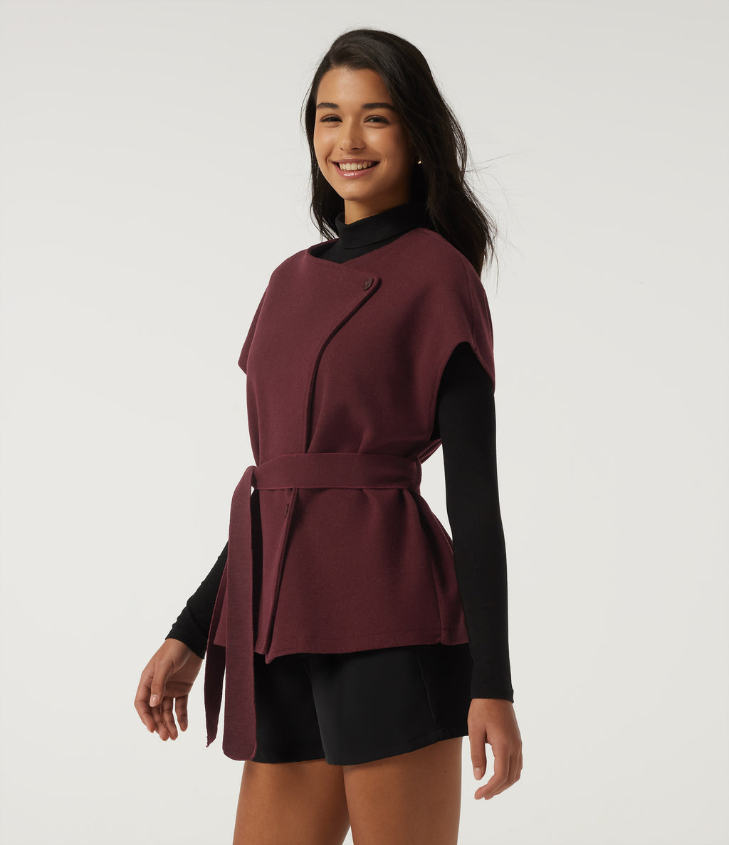 Open Front Tie Side Short Sleeve Work Coat Vest — Wine Red — view 3